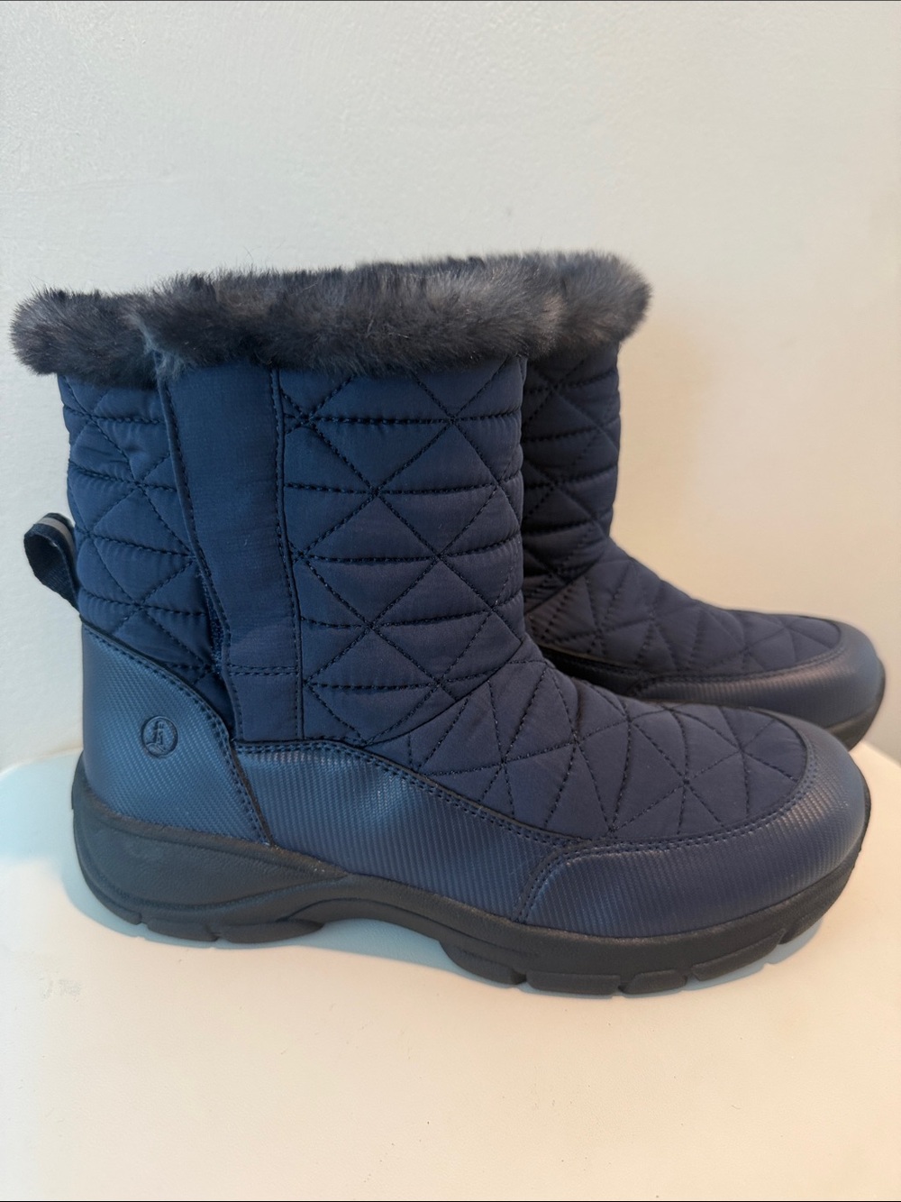 Lands' End Quilted Navy Winter Boots with Faux Fur Cuff, Women’s 6.